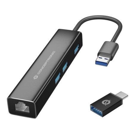 Adaptador Conceptronic usb para gigabit ethernet rj45 - com hub usb 3.0 - 3 portas - adaptador usb - c