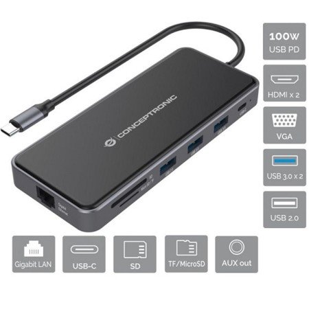 Adaptador Conceptronic usb tipo ac gigabit ethernet rj45 - hdmi - vga - com hub usb de 3 portas - usb tipo c - leitor de cartão