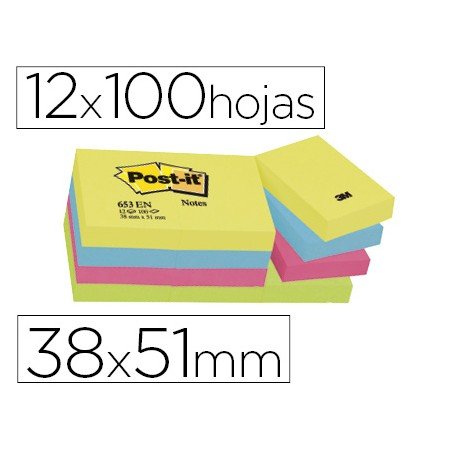 Bloco de Notas Adesivas Post-It Neon. 38 x 51 Mm
