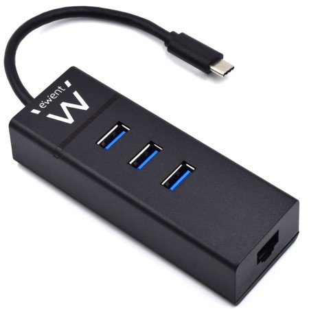 hub usb 3 portas ewent - usb 3.1 gen1 - porta rj45 - preto