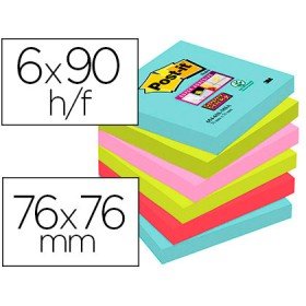 Bloco de Notas Adesivas Post-It Super Sticky 76X76 Mm com 90 Folhas Pack de 6 Unidades Cores Miami