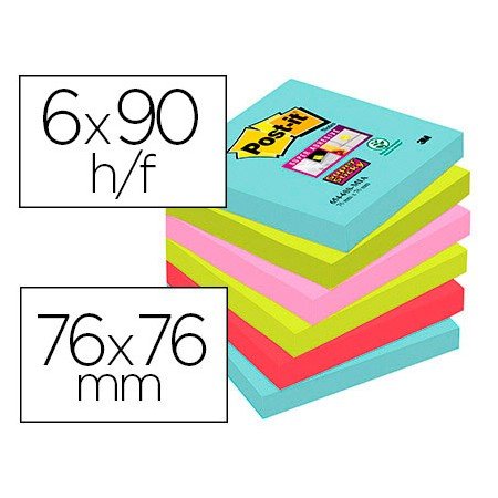 Bloco de Notas Adesivas Post-It Super Sticky 76X76 Mm com 90 Folhas Pack de 6 Unidades Cores Miami