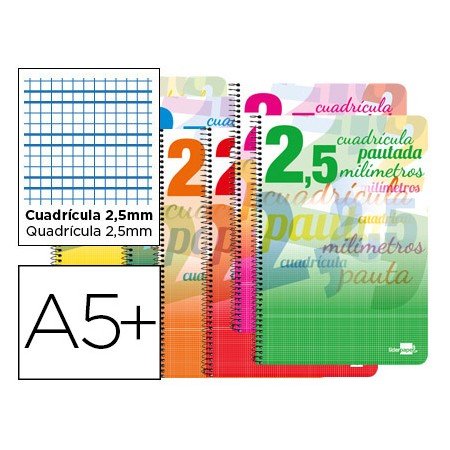 Bloc Espiral Tapa Cartoncillo 40 Hojas Din A5 Cuadriculado Pautado 2,5 Mm 70 Gr Con Margen Colores