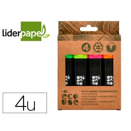 Marcador Ecouse Fluorescente Fabricado com 68% Plastico Reciclado Caixa de 4 Unidades Cores Sortidas
