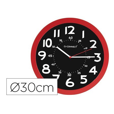 Relogio Q-Connect de Parede Plastico de Escritorio Redondo 30 Cm Cor Vermelho E Preto