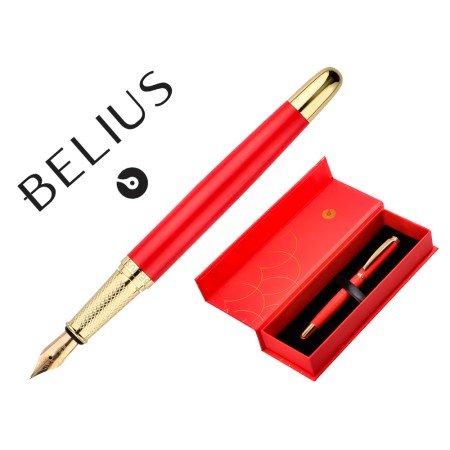 Caneta Belius Passion Dor Aluminio Textura Escovado Desenho Vermelho E Dourado Tinta Azul Caixa Design