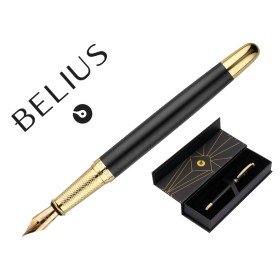 Caneta Belius Soiree Aluminio Desenho Art Deco Preto E Dourado Tinta Azul Caixa Design