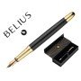 Caneta Belius Soiree Aluminio Desenho Art Deco Preto E Dourado Tinta Azul Caixa Design