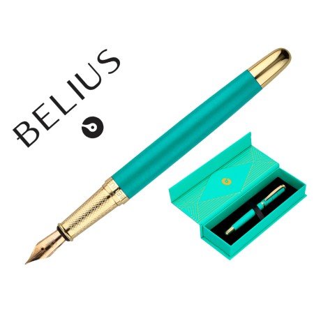 Caneta Belius Soiree Aluminio Desenho Art Deco Turquesa E Dourado Tinta Azul Caixa Design