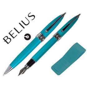 Conjunto de Esferografica E Caneta Belius Brena Turquesa Lacado com Cristal No Anel Central em Estojo