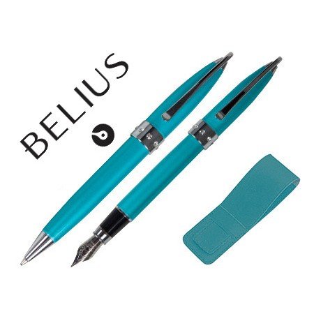 Conjunto de Esferografica E Caneta Belius Brena Turquesa Lacado com Cristal No Anel Central em Estojo