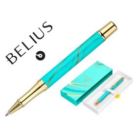 Esferografica Belius Aqua Aluminio Desenho Turquesa E Dourado Tinta Azul Caixa Design