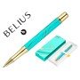 Esferografica Belius Aqua Aluminio Desenho Turquesa E Dourado Tinta Azul Caixa Design