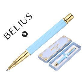 Esferografica Belius Macaron Bliss Aluminio Desenho Hexagonal Azul Celeste E Dourado Tinta Azul Caixa Design