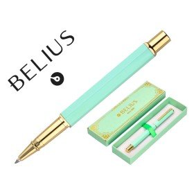Esferografica Belius Macaron Bliss Aluminio Desenho Hexagonal Verde E Dourado Tinta Azul Caixa Design