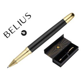 Esferografica Belius Soiree Aluminio Desenho Art Deco Preto E Dourado Tinta Azul Caixa Design