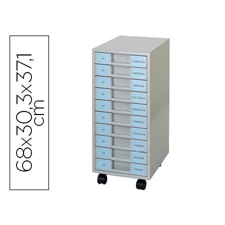 Arquivador Metalico Clen 10 Bandejas Plastico de 5,5 Cm de Altura com Rodas Cor Cinca Claro 680X303X371 Mm