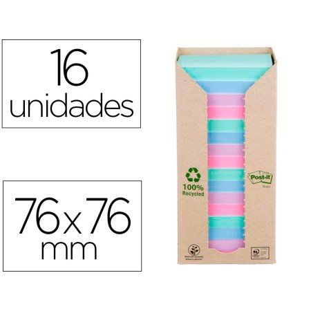 Bloco de Notas Adesivas Post-It 76X76 Mm 100% Reciclado Pefc em Torre Pack de 16 Unidades Cores Sortidas