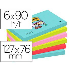 Bloco de Notas Adesivas Post-It Super Sticky 76X127 Mm com 90 Folhas Pack de 6 Unidades Cores Miami