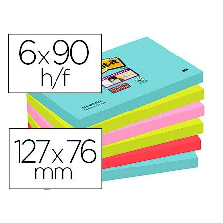 Bloco de Notas Adesivas Post-It Super Sticky 76X127 Mm com 90 Folhas Pack de 6 Unidades Cores Miami