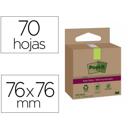 Bloco de Notas Adesivas Post-It Super Sticky 76X76 Mm com 70 Folhas Recicladas Pack de 3 Uds Cores Sortidas