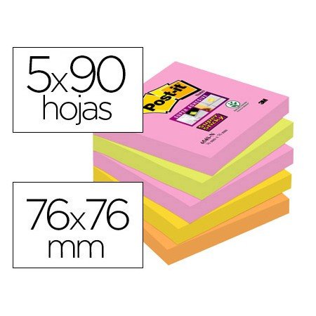 Bloco de Notas Adesivas Post-It Super Sticky 76X76 Mm com 90 Folhas Pack de 5 Bloco Cores Sortidas Colecao Cape Town
