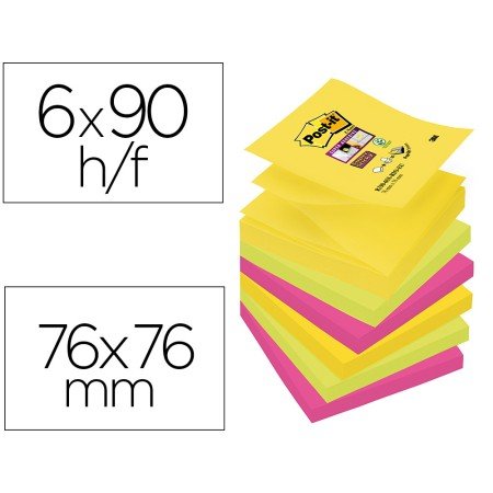 Bloco de Notas Adesivas Post-It Super Sticky 76X76 Mm com 90 Folhas Pack de 6 Bloco Cores Sortidas Colecao Rio de Janeir