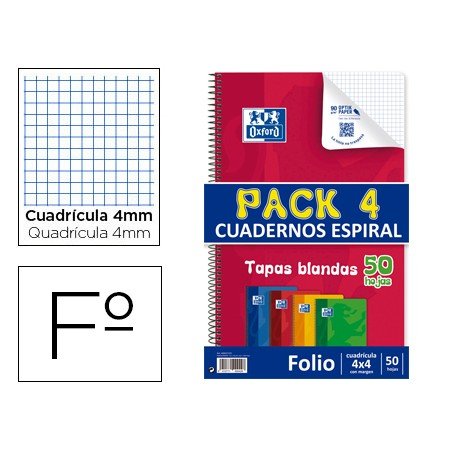 Caderno Espiral Oxford Capa Flexivel Optik Paper Folio 50 Folhas 90 Gr Quadricula 4 Mm Pack de 4