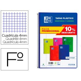 Caderno Espiral Oxford Capa Plastico Folio 80 Folhas Quadricula 4 Mm Pack 4+1 Unidades Cores Vivas