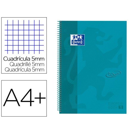 Caderno Espiral Oxford Ebook 1 Capa Extradura Din A4+ 80 F Quadricula 5 Mm Aqua Intenso Touch