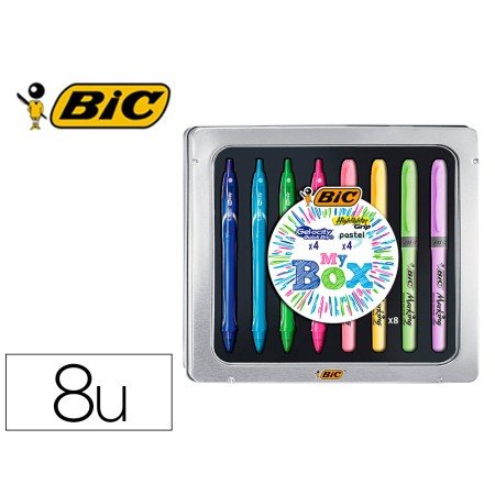 Caixa Metalica Bic 4 Gelocity Quick Dry Cores Sortidas + 4 Fluor Grip Cores Pastel Sortidas