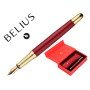 Caneta E Estojo Belius Soiree Desenho Art Deco Bordeaux E Dourado Tinta Azul Caixa Design