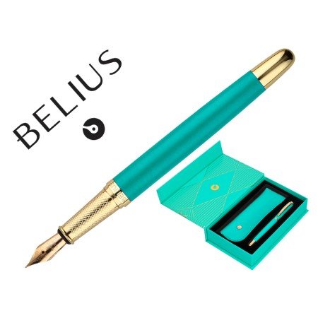 Caneta E Estojo Belius Soiree Desenho Art Deco Turquesa E Dourado Tinta Azul Caixa Design