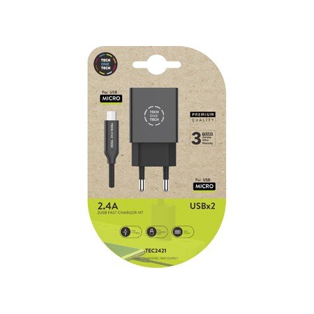 Carregador Tech One Tech 2.4 Duplo USB + Cabo Braided Nylon Micro USB Android Comprimento 1 Mt Cor Preto