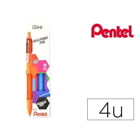 Conjunto com 4 Esferograficas Pentel Izee Ponta de 1,0Mm Retrateis Cores Laranja Azul Ceurosa E Violeta