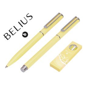 Conjunto Esferografica E Roller Belius Endless Summer Aluminio Desenho Amarelo E Prateado Tinta Azul Caixa Design