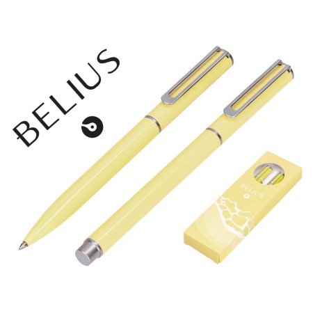 Conjunto Esferografica E Roller Belius Endless Summer Aluminio Desenho Amarelo E Prateado Tinta Azul Caixa Design