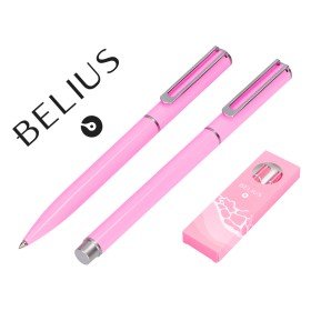 Conjunto Esferografica E Roller Belius Endless Summer Aluminio Desenho Rosa E Prateado Tinta Azul Caixa Design