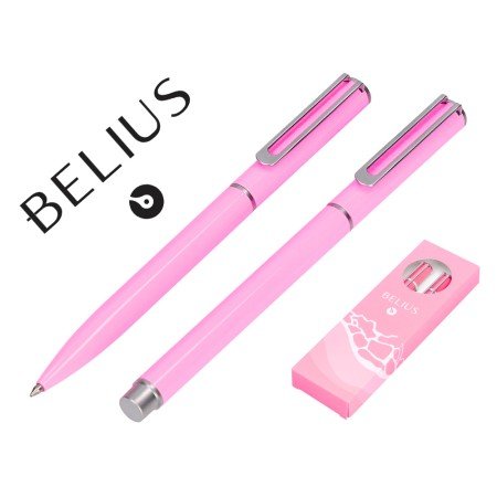 Conjunto Esferografica E Roller Belius Endless Summer Aluminio Desenho Rosa E Prateado Tinta Azul Caixa Design