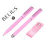 Conjunto Esferografica E Roller Belius Endless Summer Aluminio Desenho Rosa E Prateado Tinta Azul Caixa Design