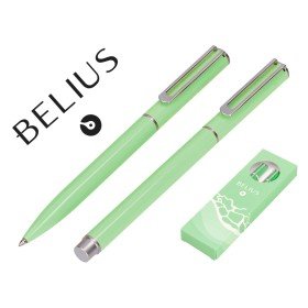 Conjunto Esferografica E Roller Belius Endless Summer Aluminio Desenho Verde E Prateado Tinta Azul Caixa Design
