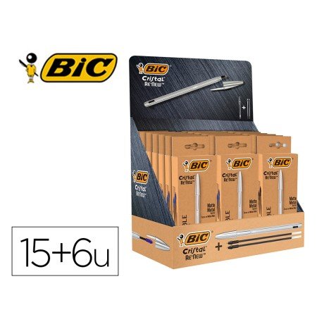Esferografica Bic Cristal Renew 21 Expositor 15 Unidades Tinta Azul + 6 Unidades Tinta Preta Oferta 50 Esferograficas Bi