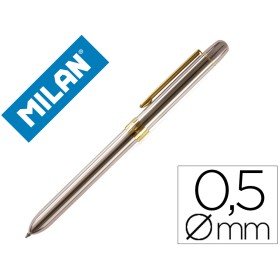 Esferografica Milan Cromada Adornos Dourados Multifuncoes Azul/Vermelho/Lapiseira 0,5 Mm/Borracha em Caixa de Metal