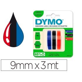 Fita Dymo 3D 9Mm x 3Mt Para Etiquetadora Omega/Junior Cor Azul/Preto/Vermelho Blister 3 Unidades
