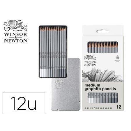 Lapis de Grafite Winsor&Newton Studio Collection Caia Metalica com 12 Unidades Graduacoes Medias Sortidas