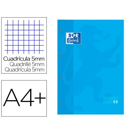 Recarga Cor 1 Oxford Din A4+ 80 Folhas 90 Gr Quadricula 5 Mm 4 Furos Cor Turquesa