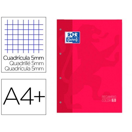 Recarga Cor 1 Oxford Din A4+ 80 Folhas 90 Gr Quadricula 5 Mm 4 Furos Cor Vermelho