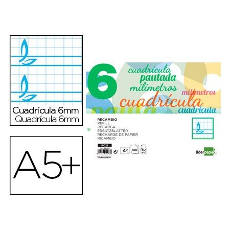 Recambio Cuarto 100 Hojas 70G/M2 Cuadro Pautado 6 Mm Con Margen 2 Taladros Apaisado