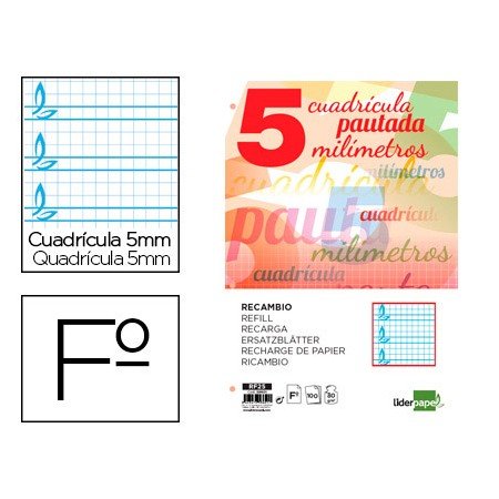 Recambio Folio 100 H 4 Taladros 70 Gr Cuadriculado Pautado 5 Mm Con Margen