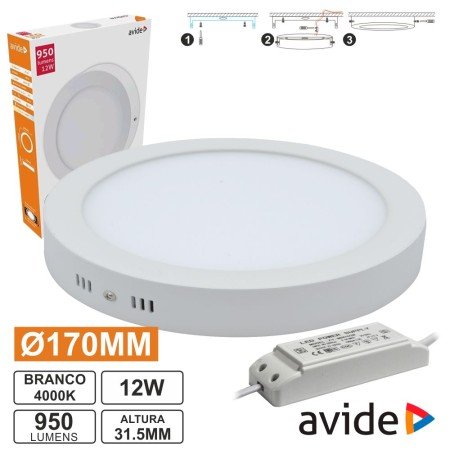 Painel Leds Redondo Superfície 12W 170Mm 4000K 950Lm Avide